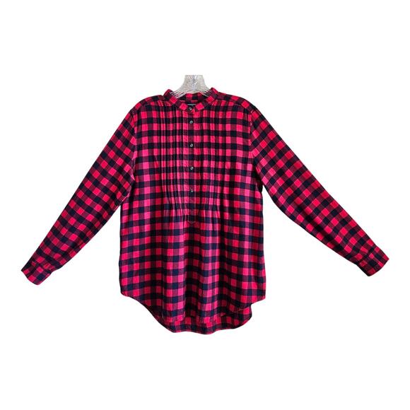 LANDS END Women 10 Flannel Tunic Shirt Red Buffalo Check Pintuck Pleats 40" - Picture 1 of 8